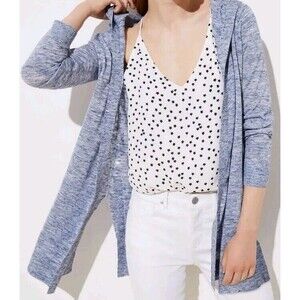 Ann Taylor LOFT Linen Blend Hooded Open Cardigan Long Line Size M Blue Space Dye